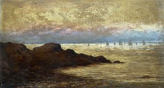 Antique Signed English Oil - Sunset Coastal Scene With Fleet Of Fishing Boats
