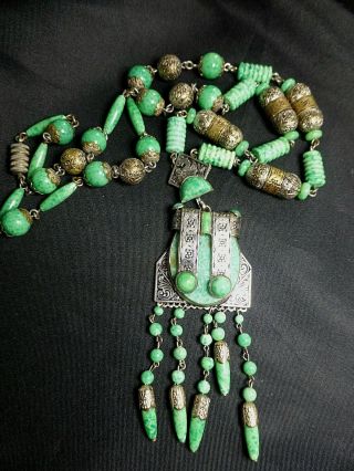 Antique Art Deco Czech Jade Green Peking Glass Pendant Necklace