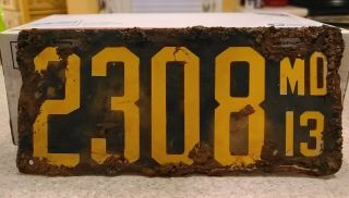 Maryland Porcelain License Plate 1913 Number 2308 Md Needs Cleaning
