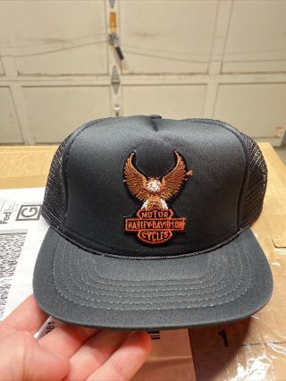 Rare Vintage Harley Davidson Mesh Snapback Hat Cap Nos Trucker Biker Black Amf