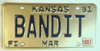 Kansas Ks License Plate Tag Vintage Vanity Specialty 1981 Bandit 1985 U