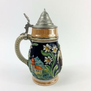 Vintage Western Germany German Beer Stein Pewter Lid Ceramic Mug Lusterware 8 "