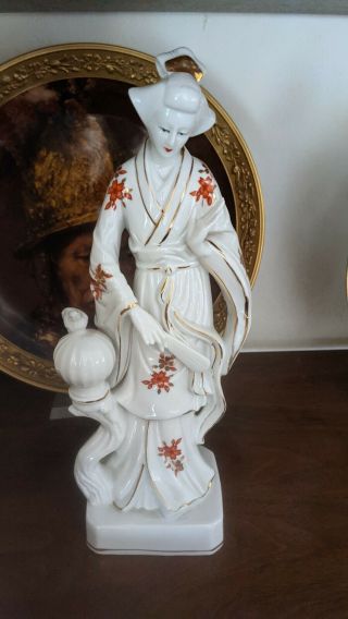 2 Japanese Geisha Girl Porcelain Figurines W/fan & Instrument Vintage