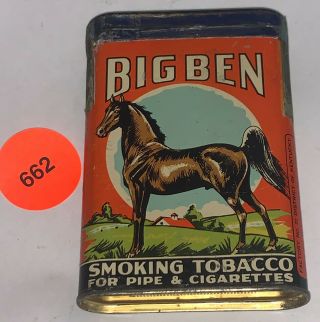 Antique 1926 Big Ben Pipe Cigarette Tobacco Tin Litho Vertical Pocket Can