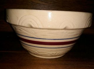 Vintage Roseville Oh Stoneware Pottery Mixing Bowl Blue Burgundy Stripe 10 Inch