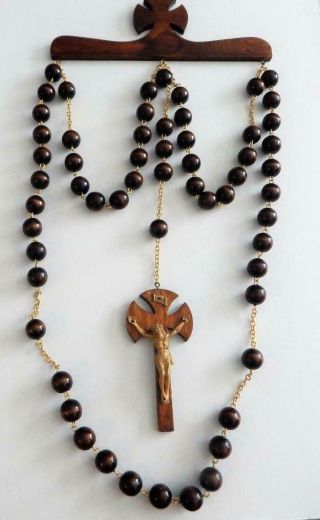 Vintage Large Wall Rosary With Wooden Beads And Crucifix - 27 1/2 " Long