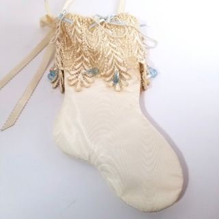 Victorian Xmas Stocking Handmade Ivory Shabby Chic Moire Cream Lace Pearls Vtg