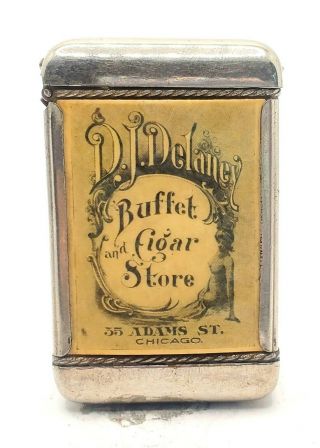 Antique Celluloid Match Safe Vesta Case D.  J.  Delaney Buffet And Cigar Store