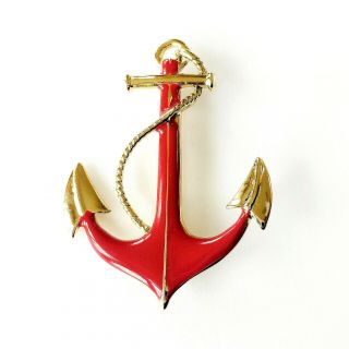 Vintage Red Enamel Gold Tone Ship Anchor Pin Patriotic Nautical Brooch Big 2 ",