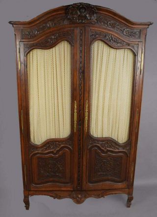 Antique Oak French Provincial Country Highly Carved Oak Armoire