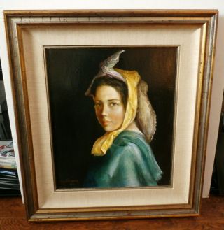 Vintage 1970 Guy Cambier Large Oil Painting Young Woman Portrait Framed