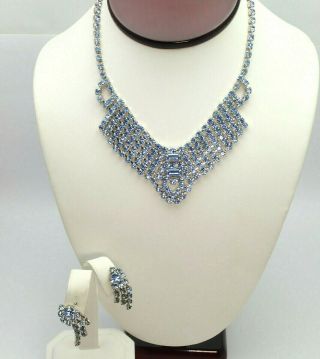 Vtg 6 Row Tiered Baby Blue Rhinestone Silver Tone 16 " Adj Necklace Earring Set