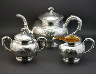 C1900 Tuck Chang Fine Antique Chinese Export Solid Silver Bamboo Pattern Tea Set