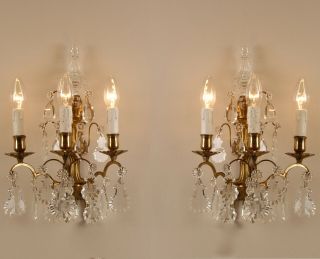 A Pair Antique French Three Light Sconces Gilt Bronze Crystal Pendants 19th C