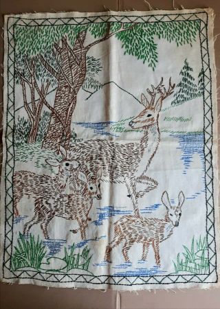 Vintage Hand Embroidered Picture Panel Forest Creek W/ Deer Doe Buck 15 " X 20 "