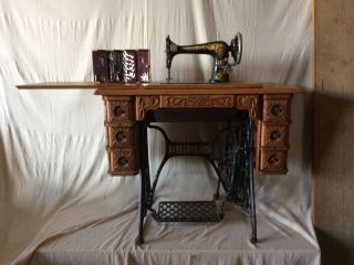 Antique Singer Sewing Machine 27,  Arts & Crafts Treadle Table With Puzzle Box