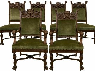Striking Six French Dining Chairs,  2 Arms,  6 Sides,  Northwind Carvings,  1920 
