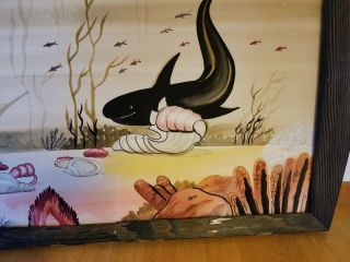 Large Vintage MCM CARLO OF HOLLYWOOD Watercolor Painting Whale Fish Shipwreck 2