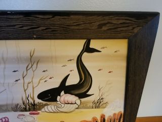 Large Vintage MCM CARLO OF HOLLYWOOD Watercolor Painting Whale Fish Shipwreck 3