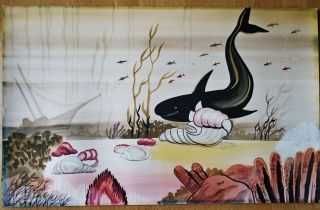 Large Vintage MCM CARLO OF HOLLYWOOD Watercolor Painting Whale Fish Shipwreck 4