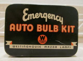 Vintage 1940s Westinghouse Mazda Lamp Emergency Bulb Kit Tin Box Auto Accessory