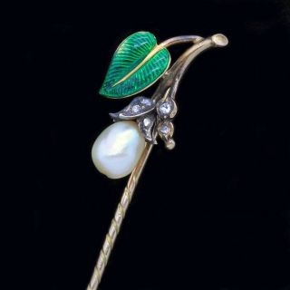 Antique Victorian Stick Pin Natural Pearl Diamonds Enamel 18k Gold Silver (6352)