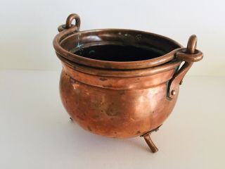 Vintage Copper Footed Cauldron Pot With Handle - 4” Tall