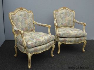 Vintage French Country Louis Xv Style Creme Floral Accent Arm Chairs