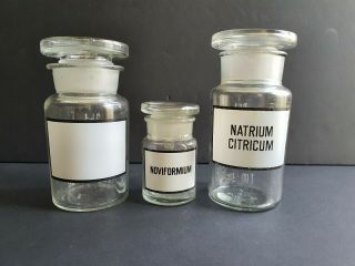 Set Of 3 Vtg Clear Glass Apothecary Pharmacy Jars / Bottles 200,  250 Ml & 50 Ml