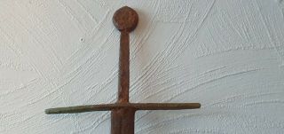 Medieval iron Double - edged sword with discoid pommel and bronze guard 2