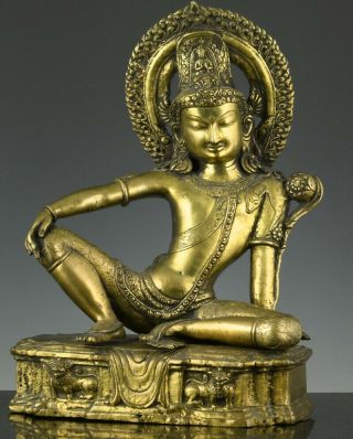 Large Antique Chinese Nepal Bronze Sitting Buddha Figure Lion Stand