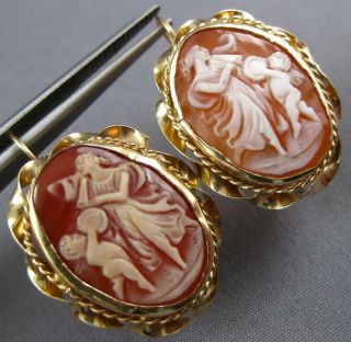 Antique Large 14kt Yellow Gold 3d Lady Cameo Filigree Hanging Earrings 27145
