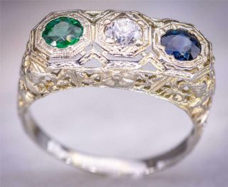 Antique Art Deco 3 Stone Diamond Sapphire Emerald Filigree 18k White Gold Ring