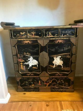 Asian Oriental Chinese Wooden Black Lacquer Cabinet Dresser Chest