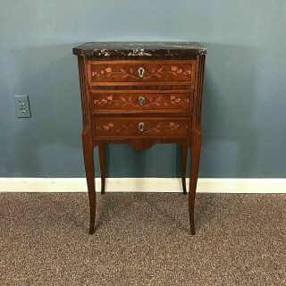 French Louis Xv Style Fine 3 Drawer Marble Top Side Table Night Stand W/ Inlay