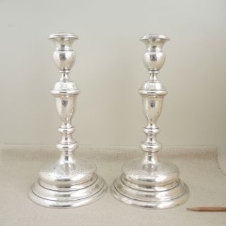 Large 19th - C Austro - Hungarian.  800 Silver Candlestick Pair Engraved 643g Solid