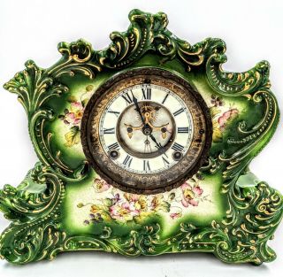 Large Antique Ansonia Referee Porcelain Clock Hand Painted Floral Chimes