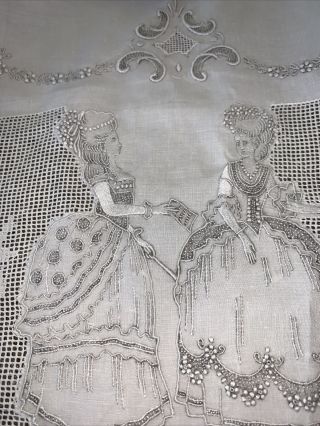 Exquisite Antique Swiss Appenzell Hand Embroidery Figural Banquet Tablecloth