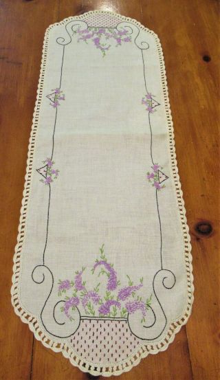 Vintage Linen Table Runner Hand Embroidered Crochet Edges Purple Flowers 42 " X15 "