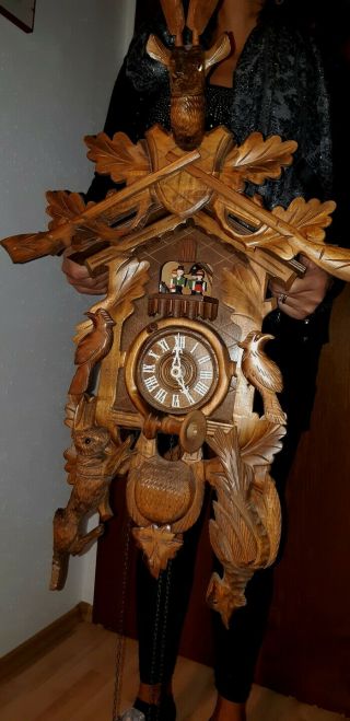 Xl Antique Black Forest Carved Wood Cuckoo Clock With Dancer,  2 Melodie