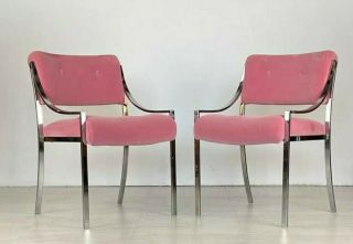 Pair Vintage Mid Century Modern Milo Baughman Probber Style Chrome Pink Chairs