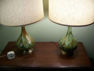 Mid Century Green Drip - Glaze Ceramic Lamps W/original Drum Shades Beauty