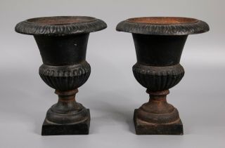 Pair Antique French Neoclassical Cast Iron Mantle Urns Planters Jardinieres