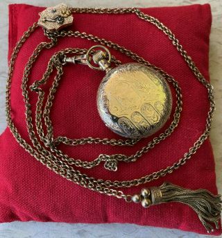 Antique Seth Thomas Pocket Watch Religious Ornate Gold Filled Case W/fancy Fob