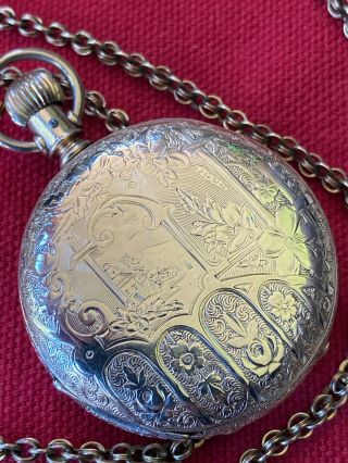 Antique Seth Thomas Pocket Watch Religious Ornate Gold Filled Case w/Fancy Fob 2