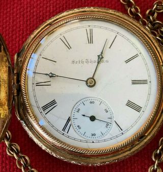 Antique Seth Thomas Pocket Watch Religious Ornate Gold Filled Case w/Fancy Fob 6