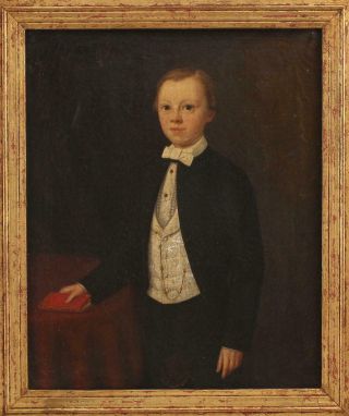 19thC Antique 1847 O/C Folk Art Portrait Oil Painting,  Young Boy 1st Communion 3