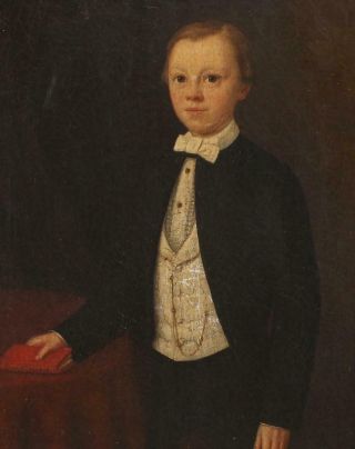 19thC Antique 1847 O/C Folk Art Portrait Oil Painting,  Young Boy 1st Communion 4