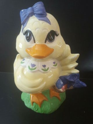Vintage Easter Huge Hand Painted Ceramic Big Eyed Duck With Basket And Eggs