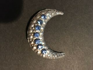 Vintage Crescent Moon Brooch Pin With Blue Rhinestones Antique Fashion Jewelry